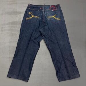 Y2K Akademiks Jeanius Level Jeans Dark Wash Baggy Embroidered Streetwear 38 x 28